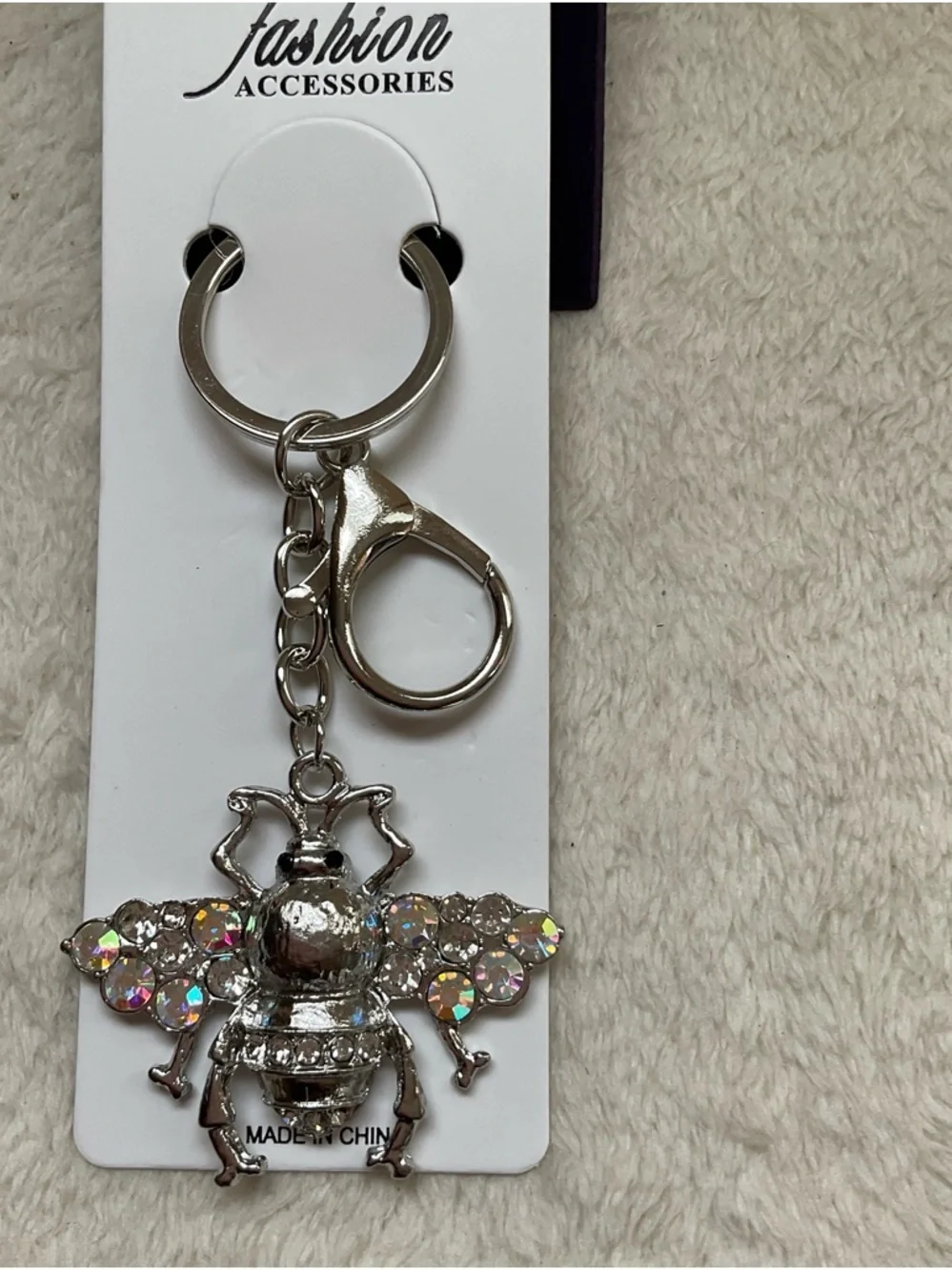 Silver Bee Keychain with Iridescent Crystal Wings
